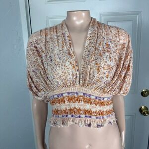 Free People Women's Shirt Small Next Vacation Smocked Crop Floral cotton OO24